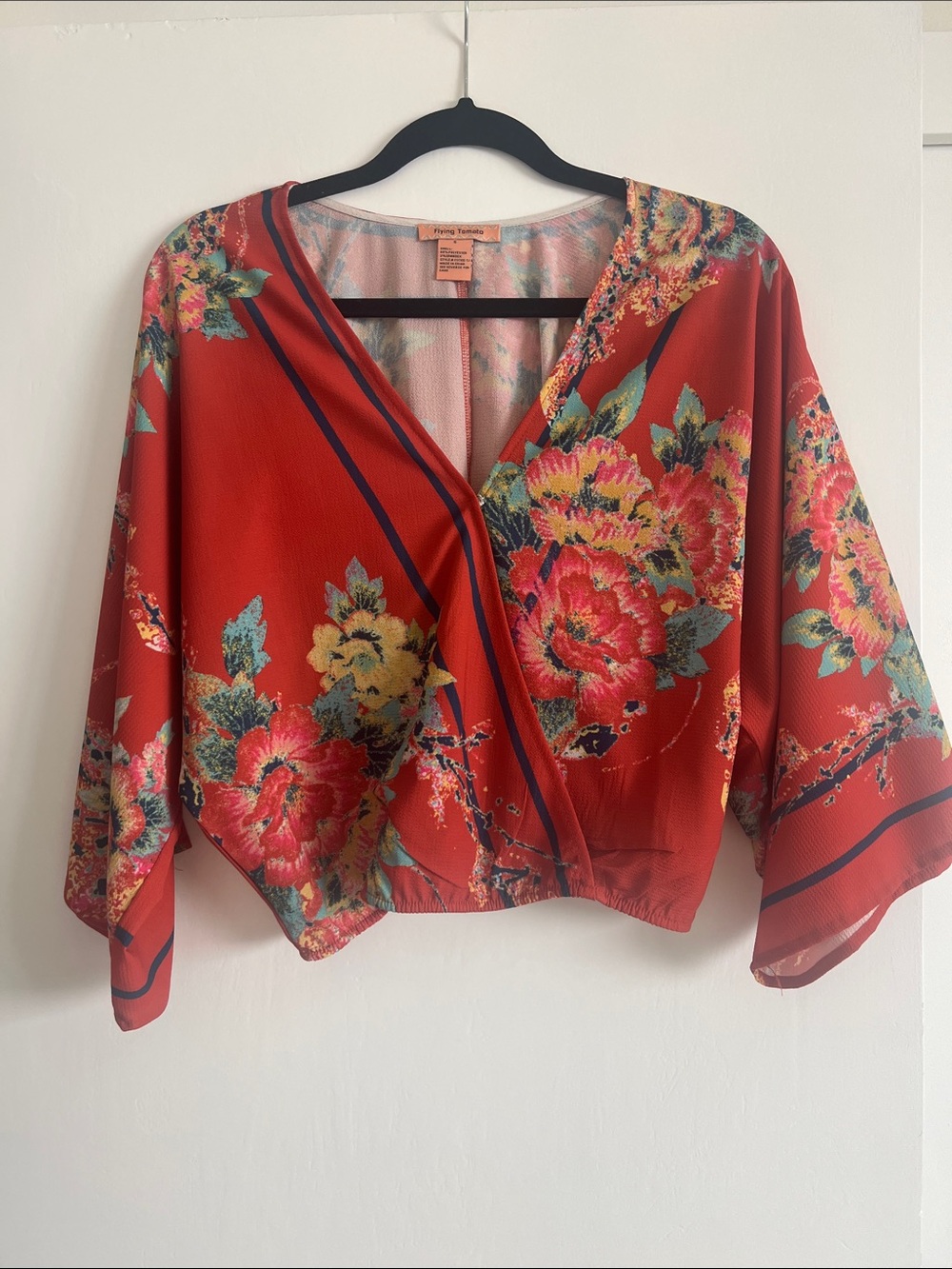 Red Floral Wrap-Style Women's Top